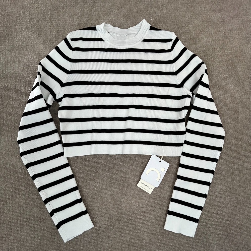 Commense Cropped Sweater Women's XL White Black Striped Tight Knit Raglan Sleeve